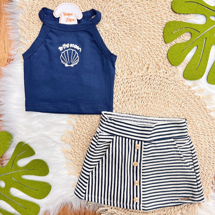 Conj. Cropped to the ocean e Short Saia Listrado em Linho - Marinho